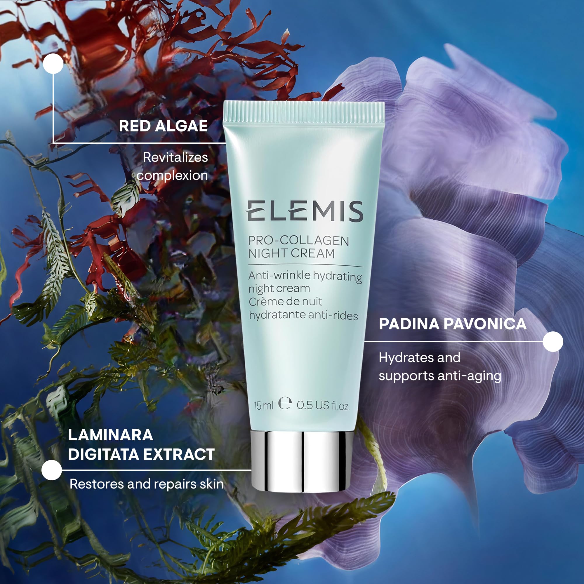 ELEMIS Pro-Collagen Night Cream demonstrating instant moisture and 24-hour hydration claim