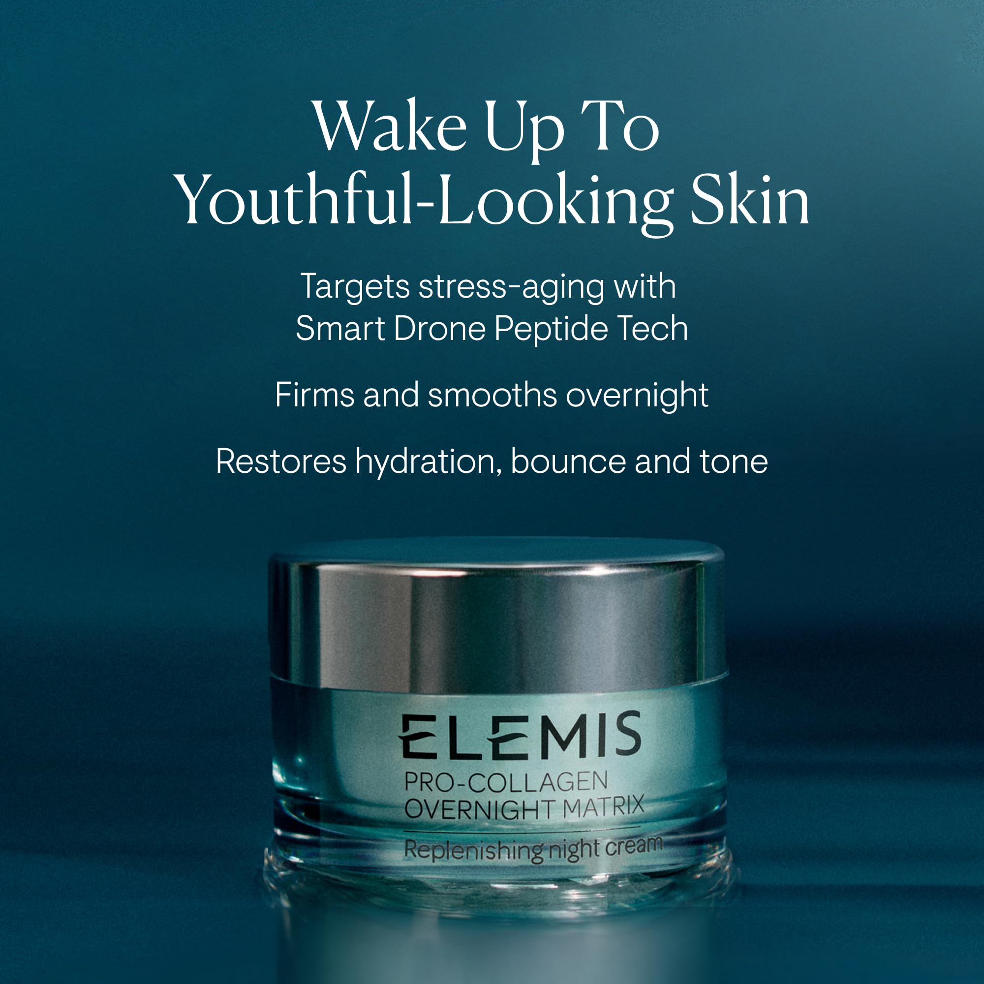 Elemis Pro-Collagen Overnight Matrix jar shows rich, smoothing cream texture.