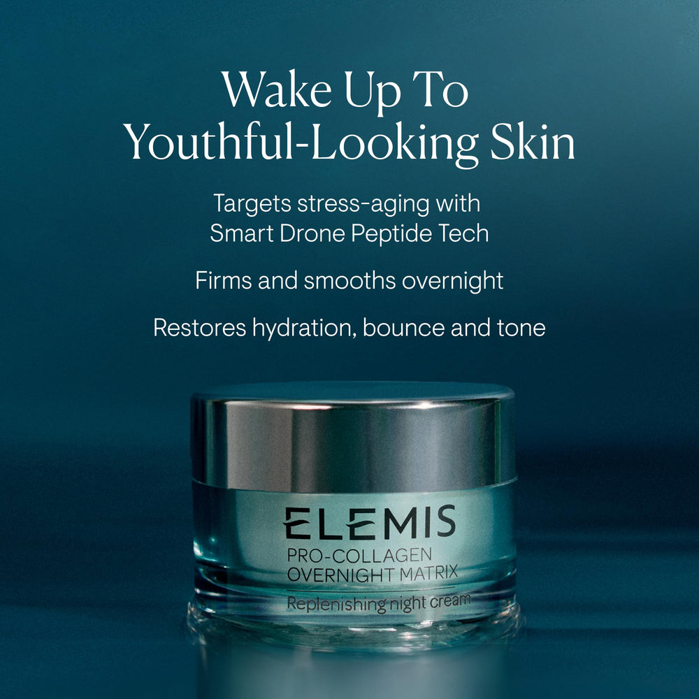 Elemis Pro-Collagen Overnight Matrix jar shows rich, smoothing cream texture.