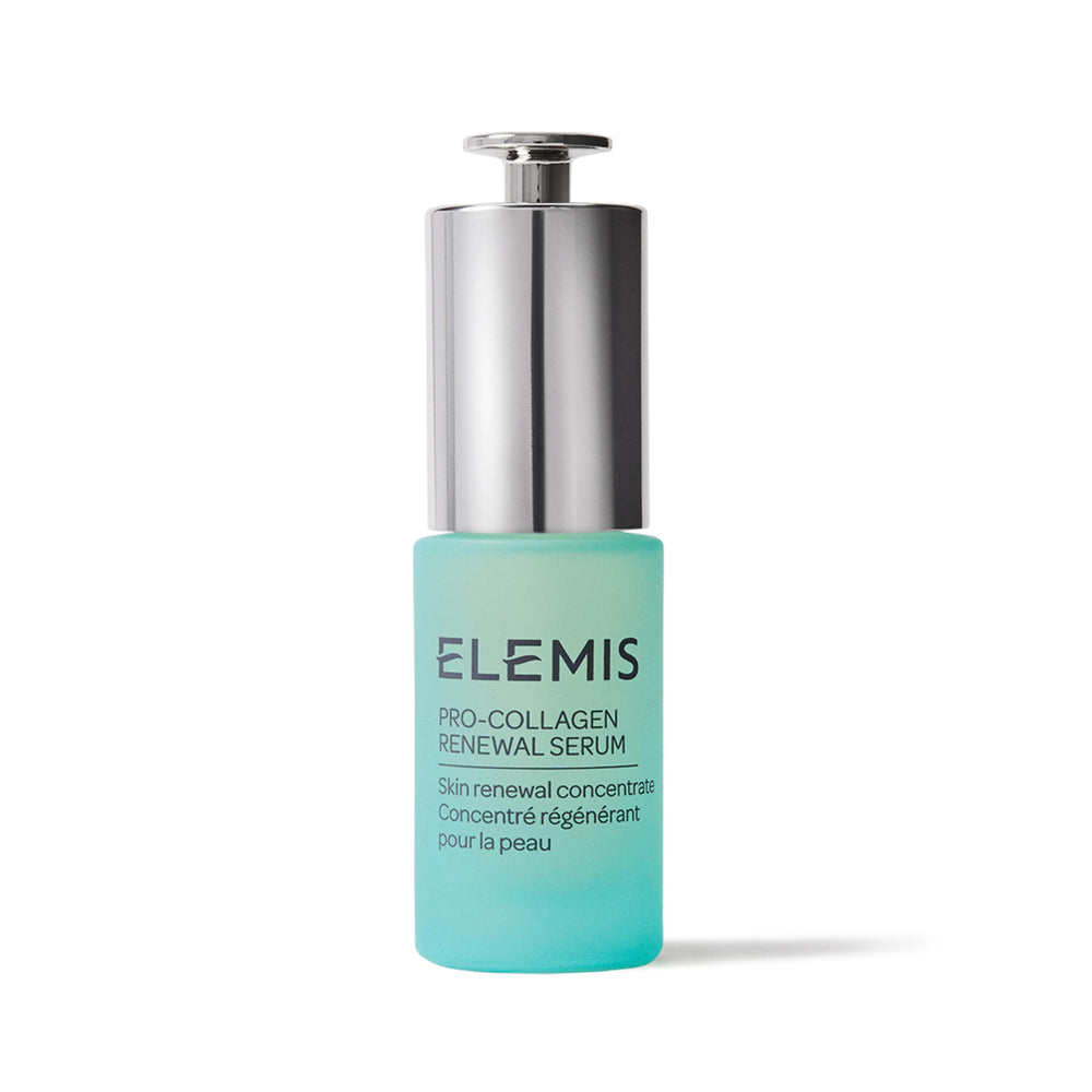 elemis pro-collagen renewal serum bottle on vanity for smoother skin