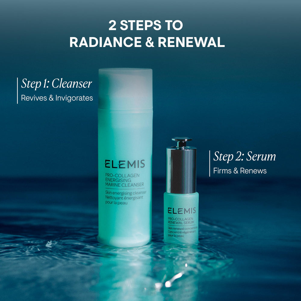 elemis pro-collagen renewal serum packaging detail highlights compact travel size