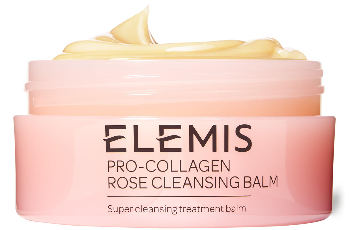 Elemis Pro-Collagen Rose Cleansing Balm jar close-up for gentle makeup removal