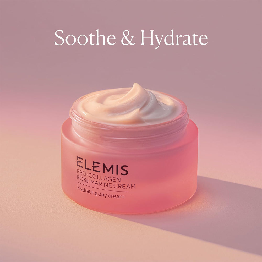 Elemis Pro-Collagen Rose Marine Cream being applied with upward strokes on face and neck.