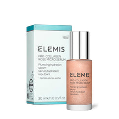 ELEMIS Pro-Collagen Rose Micro Serum bottle image demonstrates luxurious hydration for plump skin.
