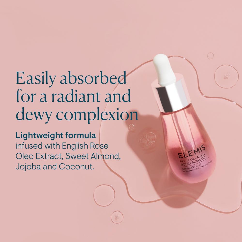 ELEMIS Pro-Collagen Rose oil texture close-up shows non-greasy finish after application.