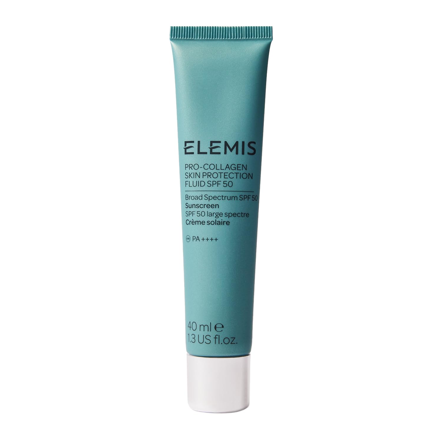 Elemis Pro-Collagen Skin Protection Fluid SPF 50 bottle close-up showing silky hydration with clear finish.
