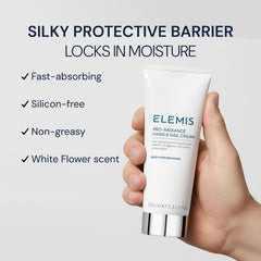 ELEMIS Pro-Radiance hand cream application shows fast-absorbing moisture for smooth hands.