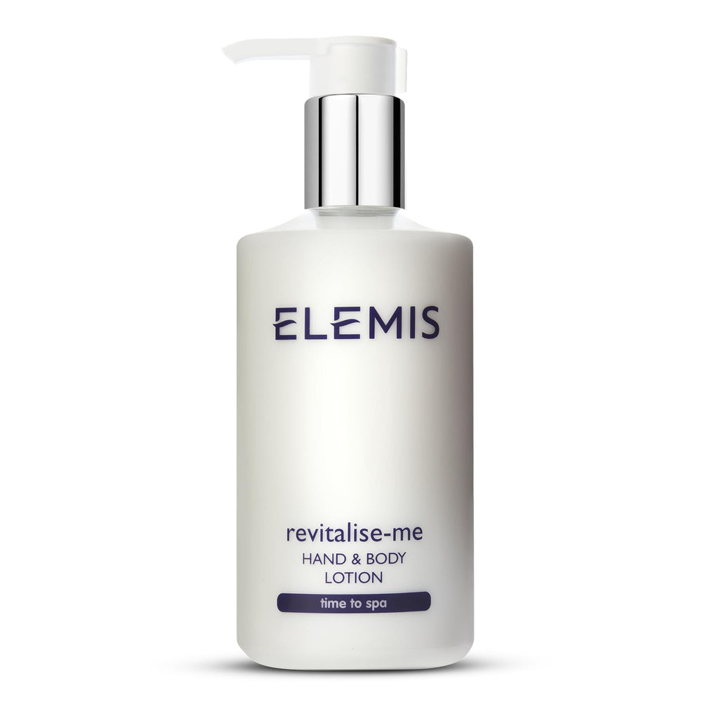 Elemis Revitalise-Me Hand & Body Lotion bottle front for silky skin and citrus scent.