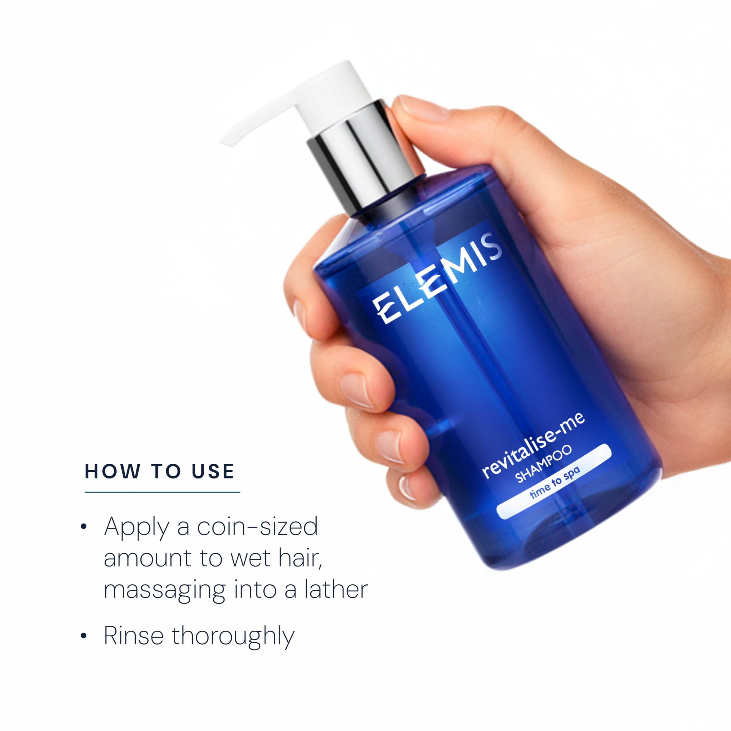 Pump dispenser on ELEMIS Revitalize-Me Shampoo bottle for easy use