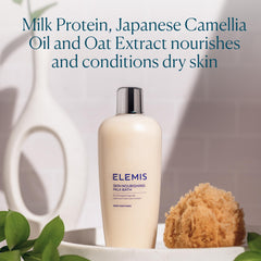 ELEMIS Skin Nourishing Milk Bath foam closeup highlights silky lather ideal for sensitive skin.