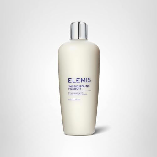 ELEMIS Skin Nourishing Milk Bath texture swirl suggests soothing, moisturized skin after bath.