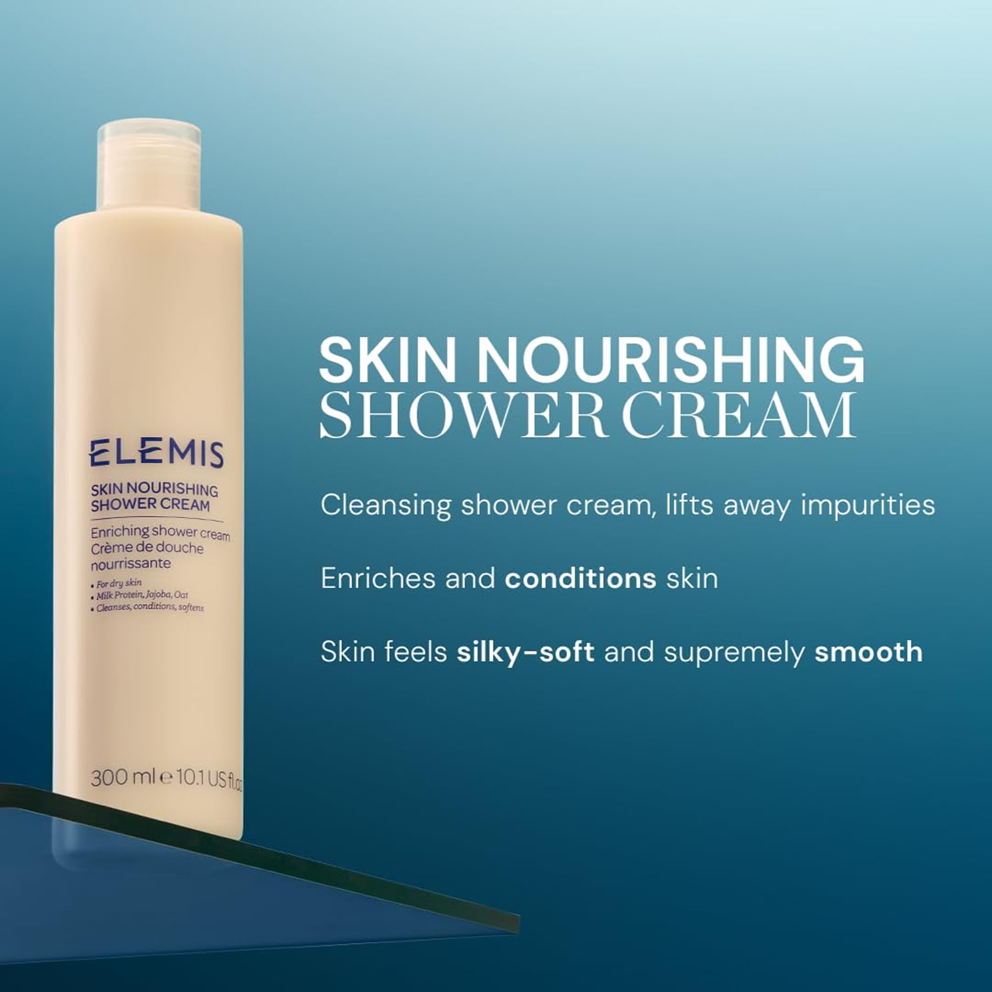 Elemis Skin Nourishing Shower Cream bathroom-scene evokes a relaxing shower ritual.