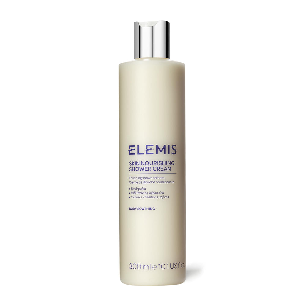 Elemis Skin Nourishing Shower Cream bottle demonstrates a creamy, hydrating cleanse.
