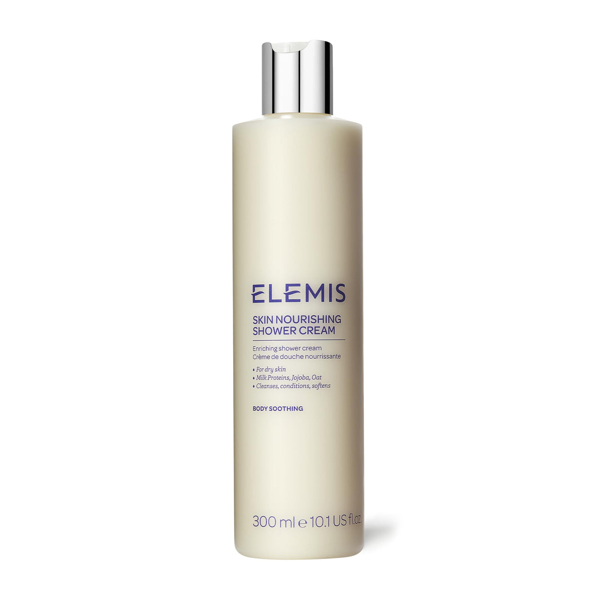 Elemis Skin Nourishing Shower Cream bottle demonstrates a creamy, hydrating cleanse.