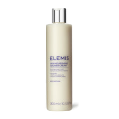 Elemis Skin Nourishing Shower Cream bottle demonstrates a creamy, hydrating cleanse.
