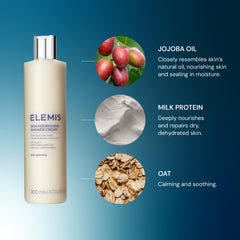 Elemis Skin Nourishing Shower Cream label highlights pregnancy-safe formula for sensitive skin.