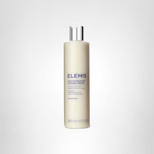 Elemis Skin Nourishing Shower Cream bottle on shelf suggests a nourishing daily routine.