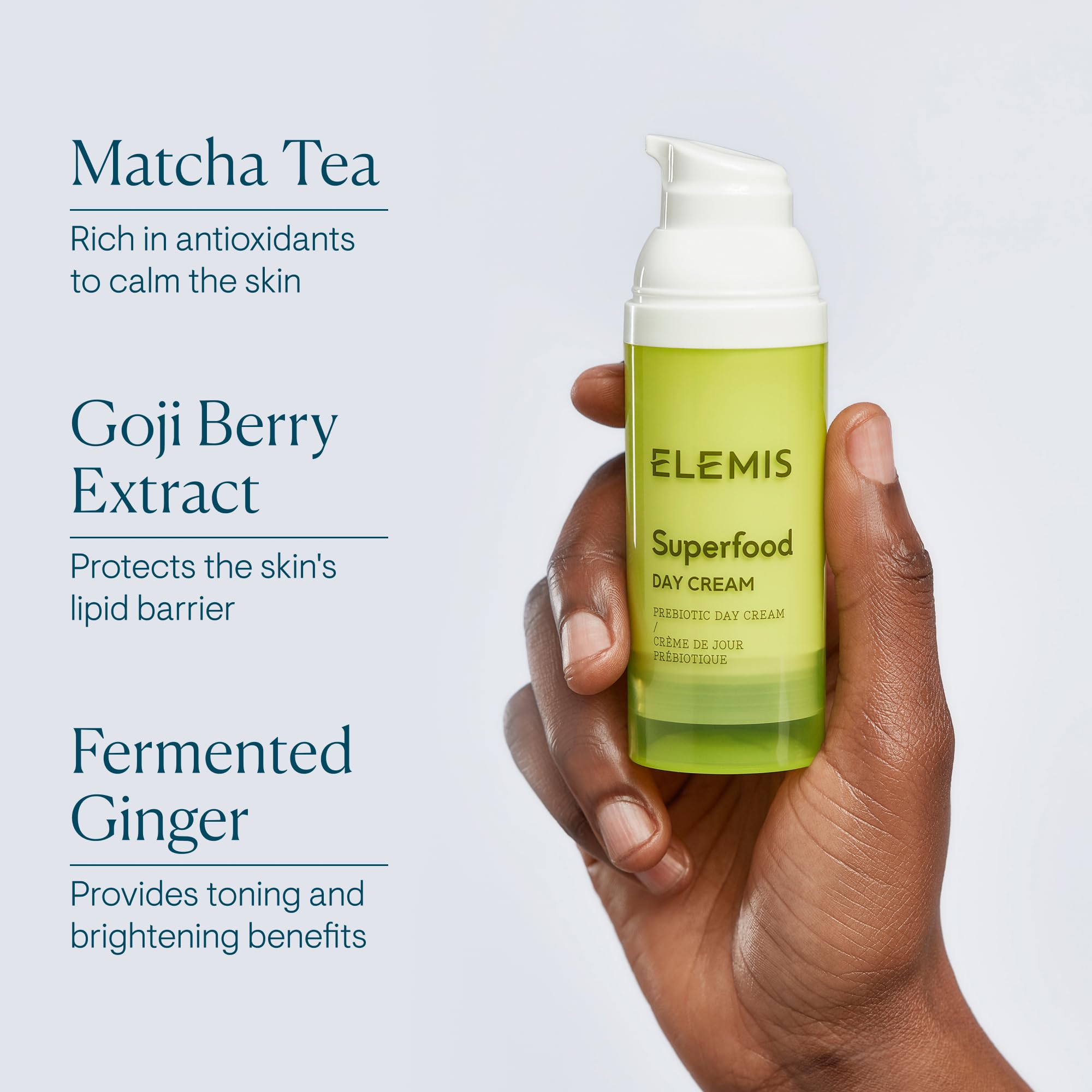 Packaging shot of ELEMIS Superfood Day Cream highlighting premium skincare heritage.