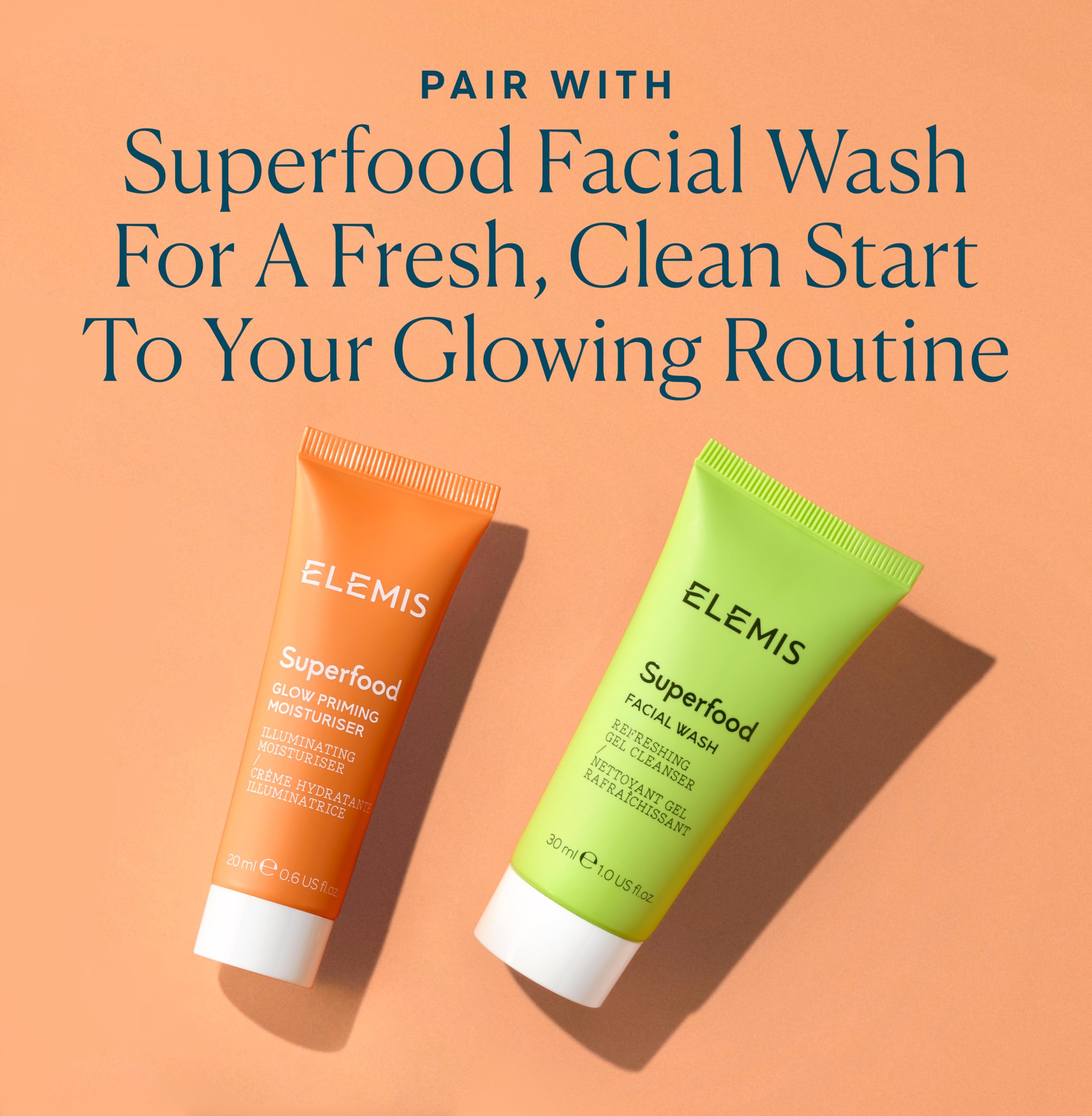 ELEMIS Superfood Glow Priming Moisturizer in-use shot emphasizes dual makeup-primer and moisturizer benefits.