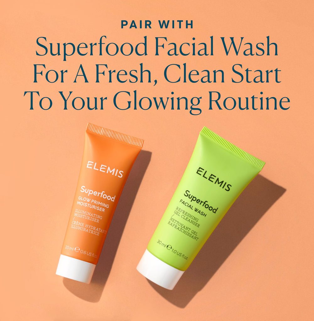 ELEMIS Superfood Glow Priming Moisturizer in-use shot emphasizes dual makeup-primer and moisturizer benefits.