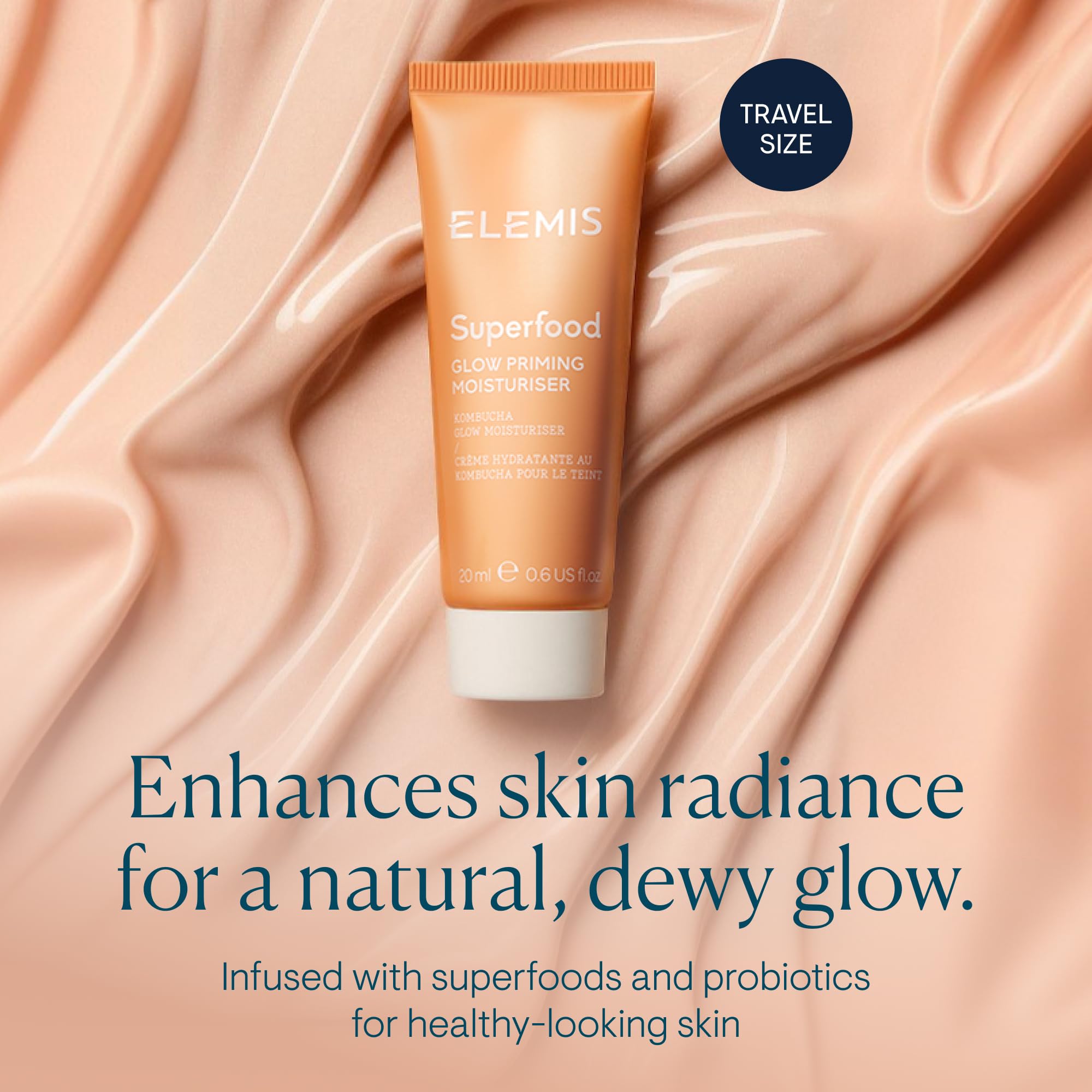 ELEMIS Superfood Glow Priming Moisturizer swatch demonstrates dewy hydration and natural luminosity.
