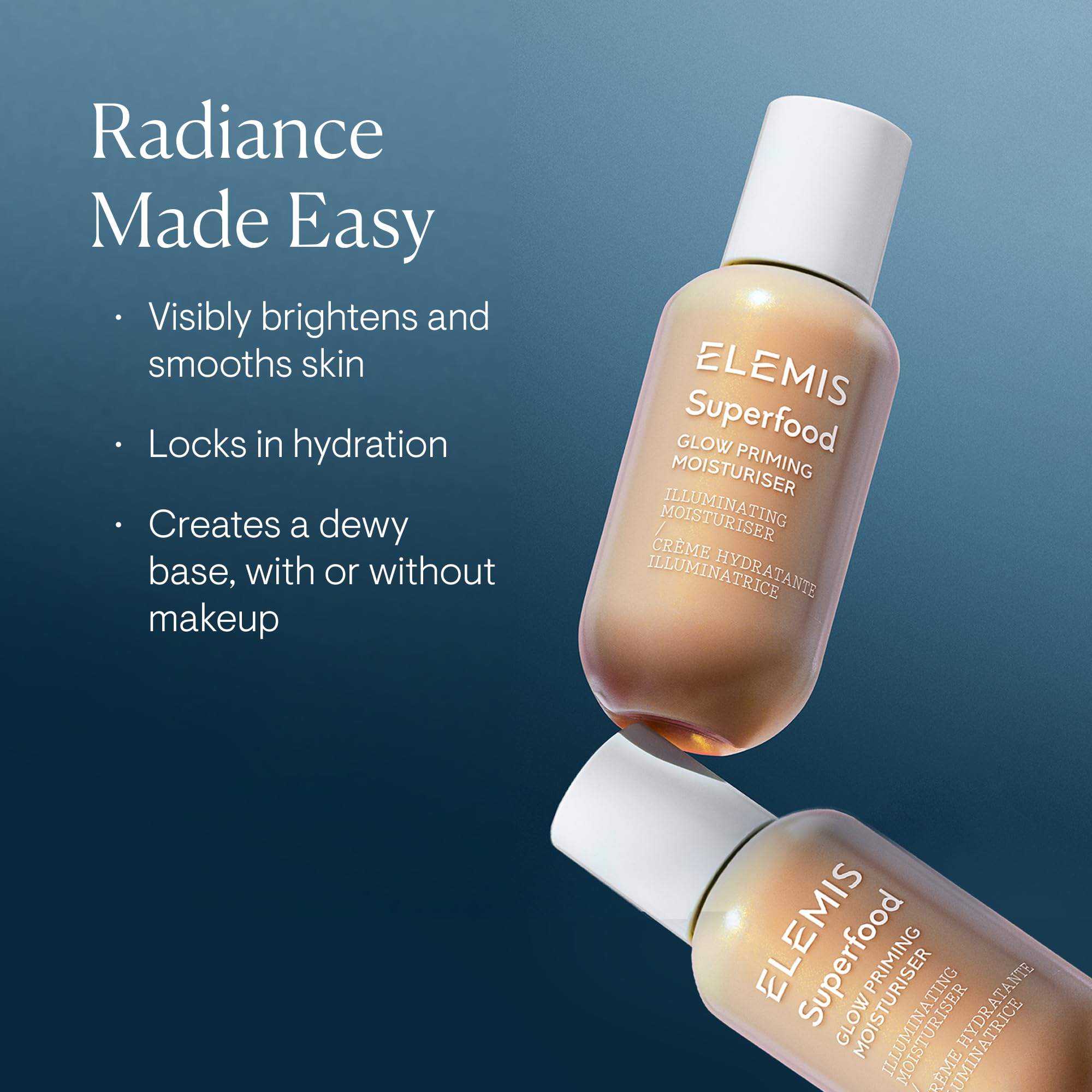 Elemis Superfood Glow Priming Moisturizer texture close-up showing lightweight hydration.