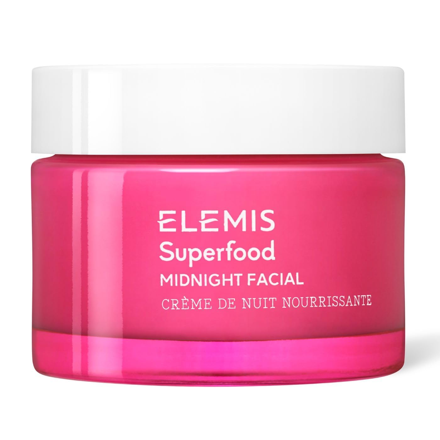 Elemis Superfood Midnight Facial bottle close-up showing hydrating overnight gel-cream