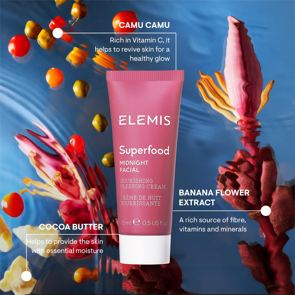 Night-care routine showing ELEMIS facial sleeping cream nourishing dry skin.