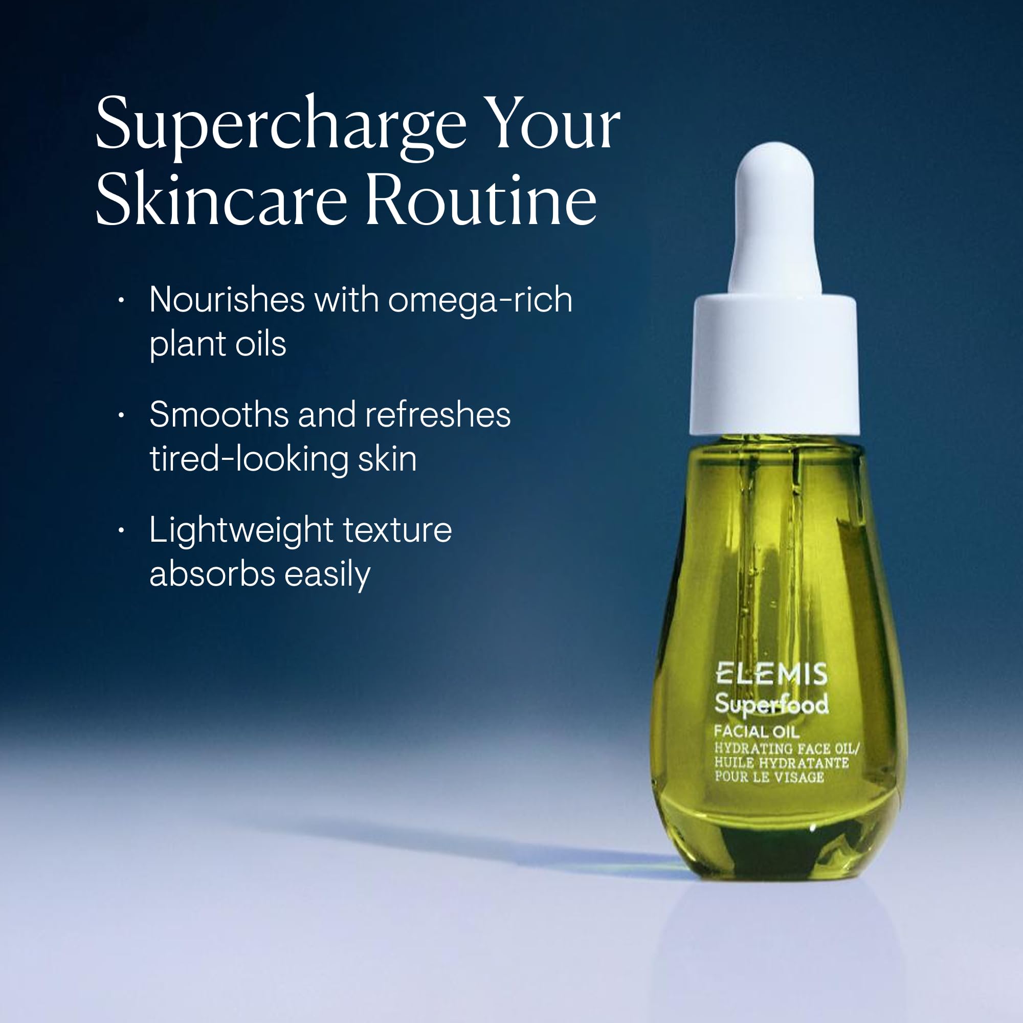 ELEMIS Superfood Oil with broccoli and rosehip ingredients showcased for nourishment