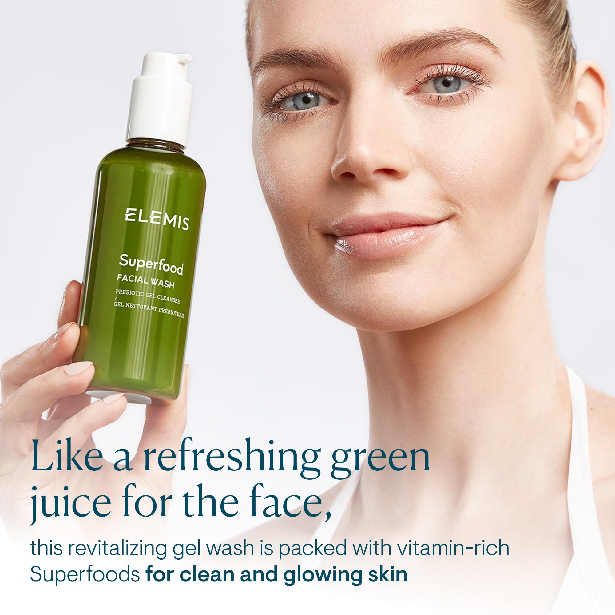 Elemis Superfood Facial Wash gel texture highlights hydrating cleanse.