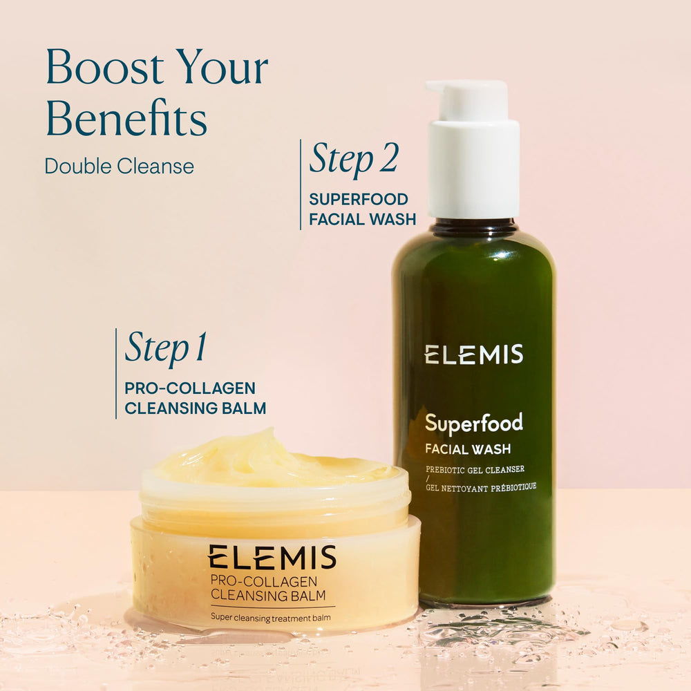 Elemis Superfood Facial Wash rinse splash conveys clean afterwash feel.