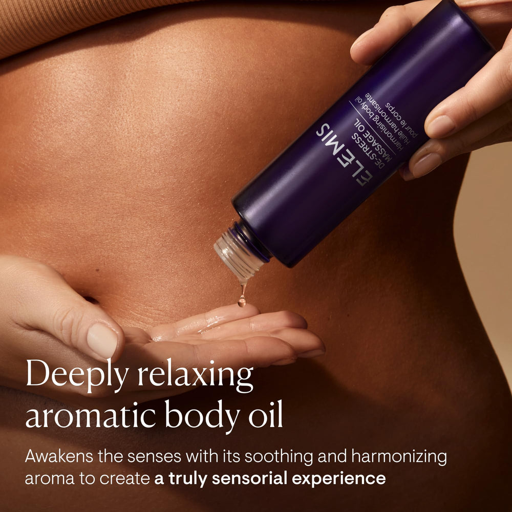 ELEMIS De-Stress Massage Oil being poured to showcase fast-absorbing formula