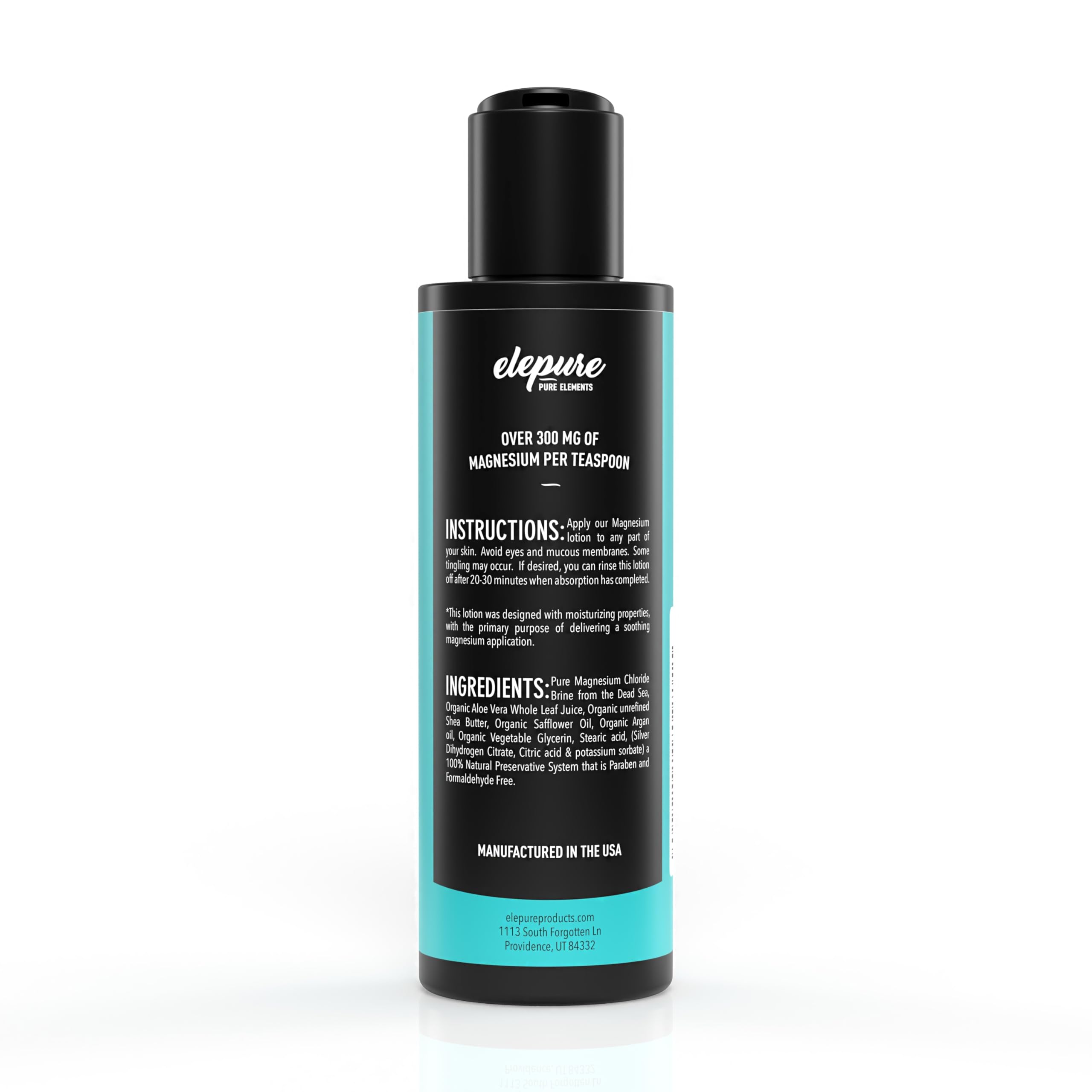 Elepure Natural Magnesium Lotion top view shows scent-free, pure ingredients.
