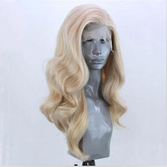 ELESTY long wavy blonde hair lace front back view demonstrates generous length for dramatic looks.