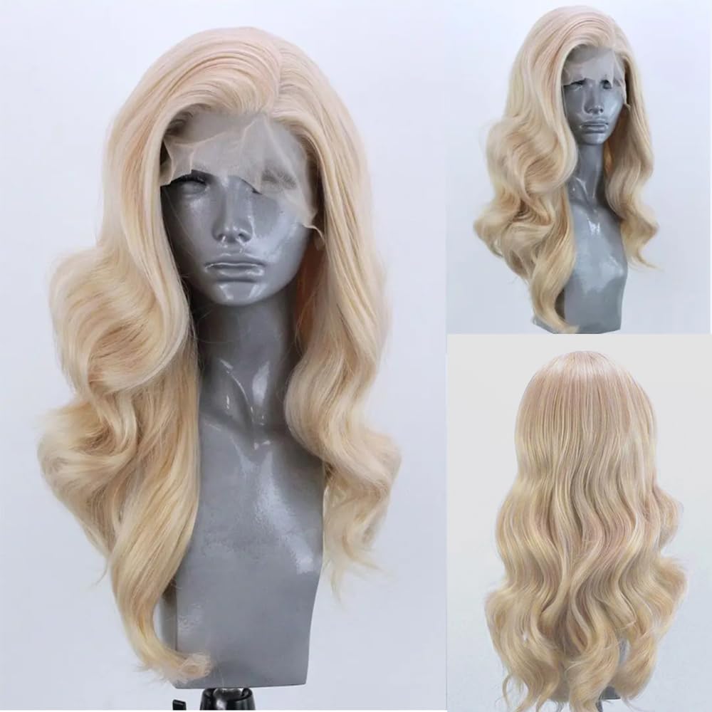 ELESTY long wavy blonde hair lace front front view highlights natural hairline and everyday wear.