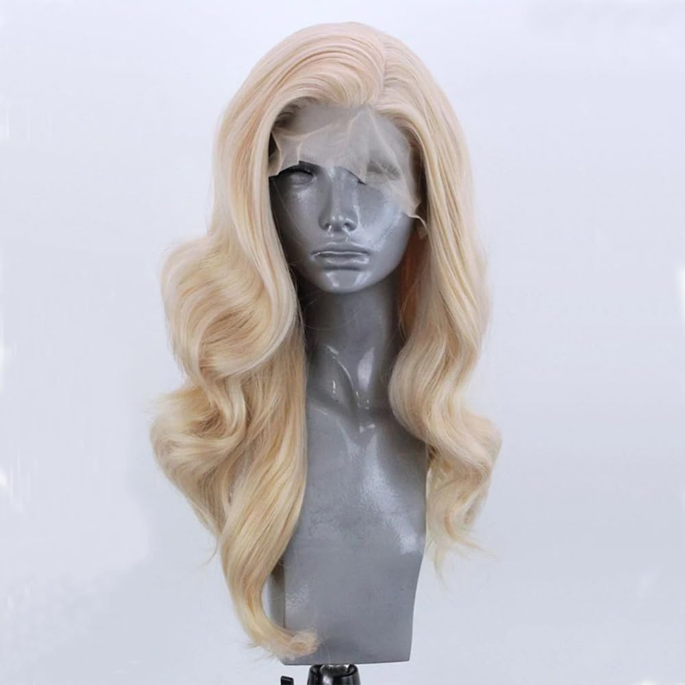 ELESTY long wavy blonde hair lace front side view shows soft bounce and styling versatility.