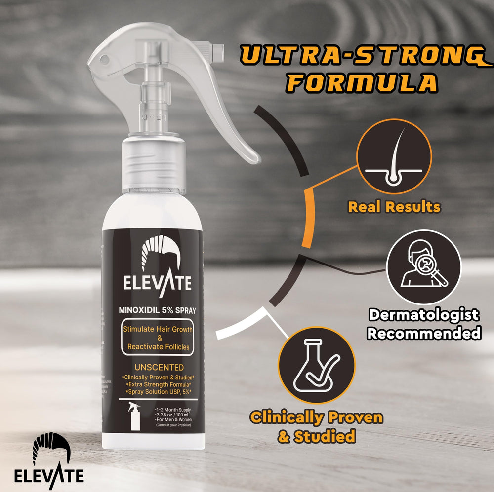 Elevate 5 percent Minoxidil spray application on scalp for thinning areas