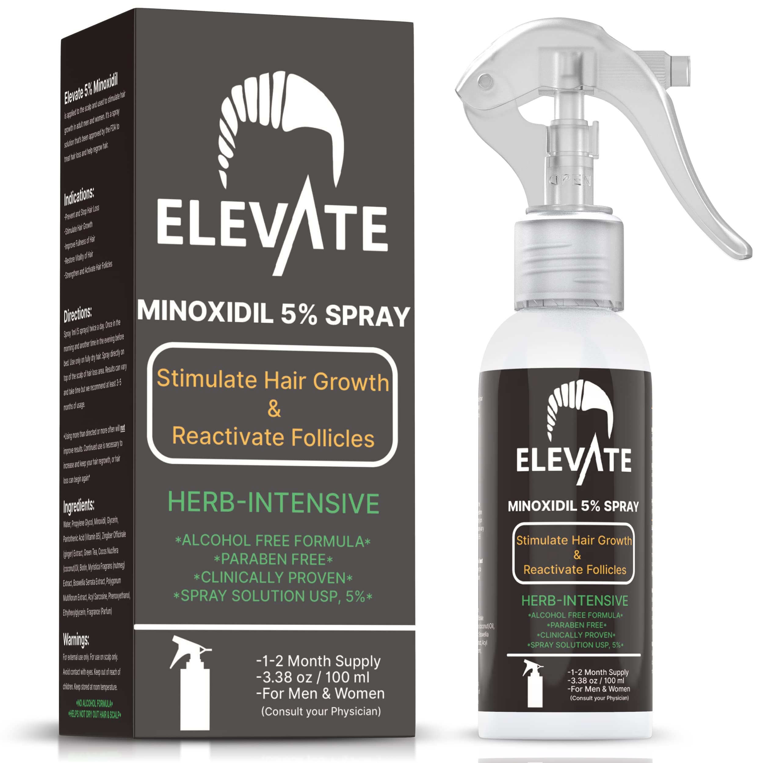 Elevate 5% Minoxidil spray bottle with precise nozzle for quick, mess-free daily application.