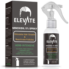 Elevate 5% Minoxidil spray bottle with precise nozzle for quick, mess-free daily application.