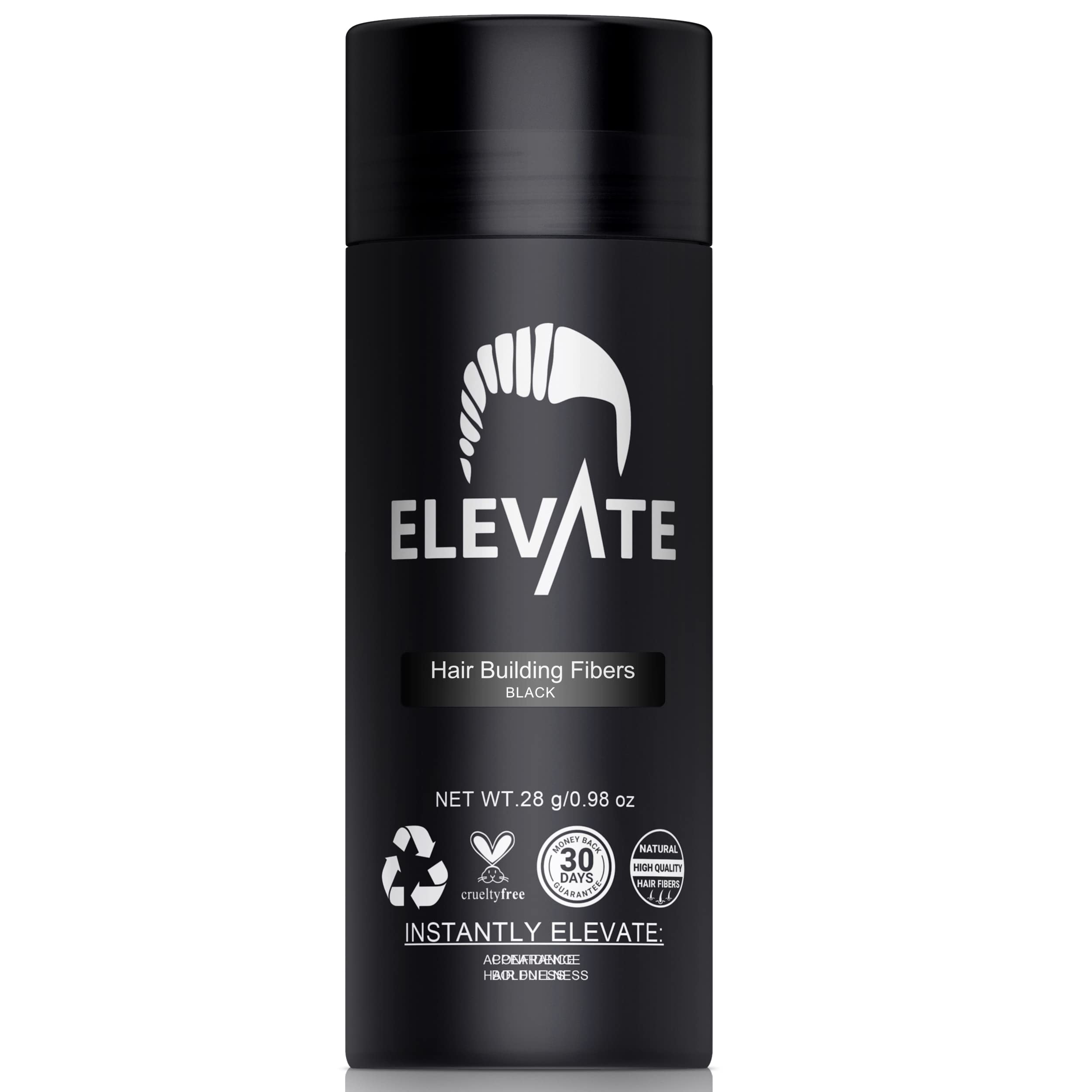 Elevate Hair Fibers bottle closeup in black for natural-looking hair thickening.