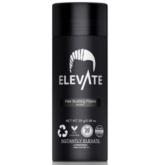 Elevate Hair Fibers bottle closeup in black for natural-looking hair thickening.
