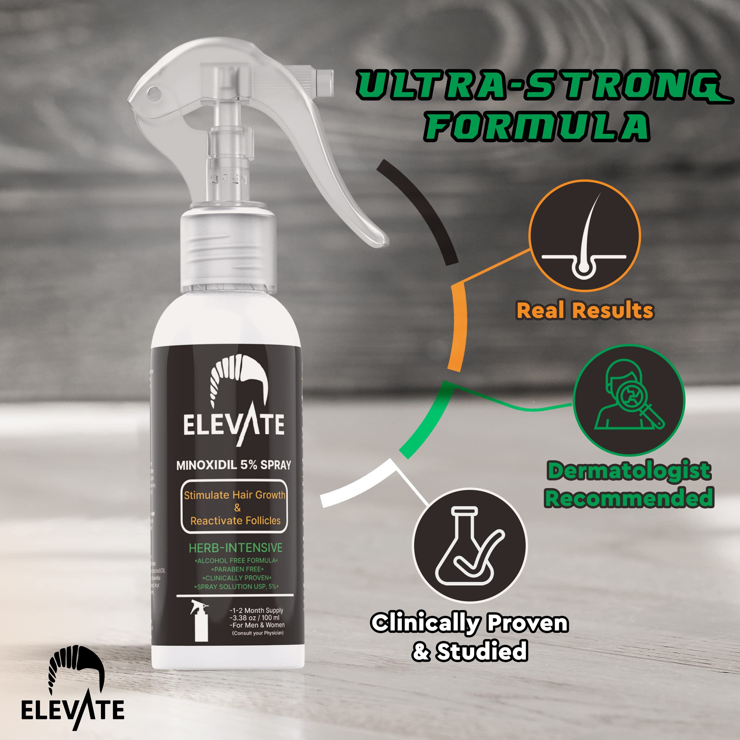 Elevate Minoxidil spray precision nozzle close-up for targeted follicle stimulation.
