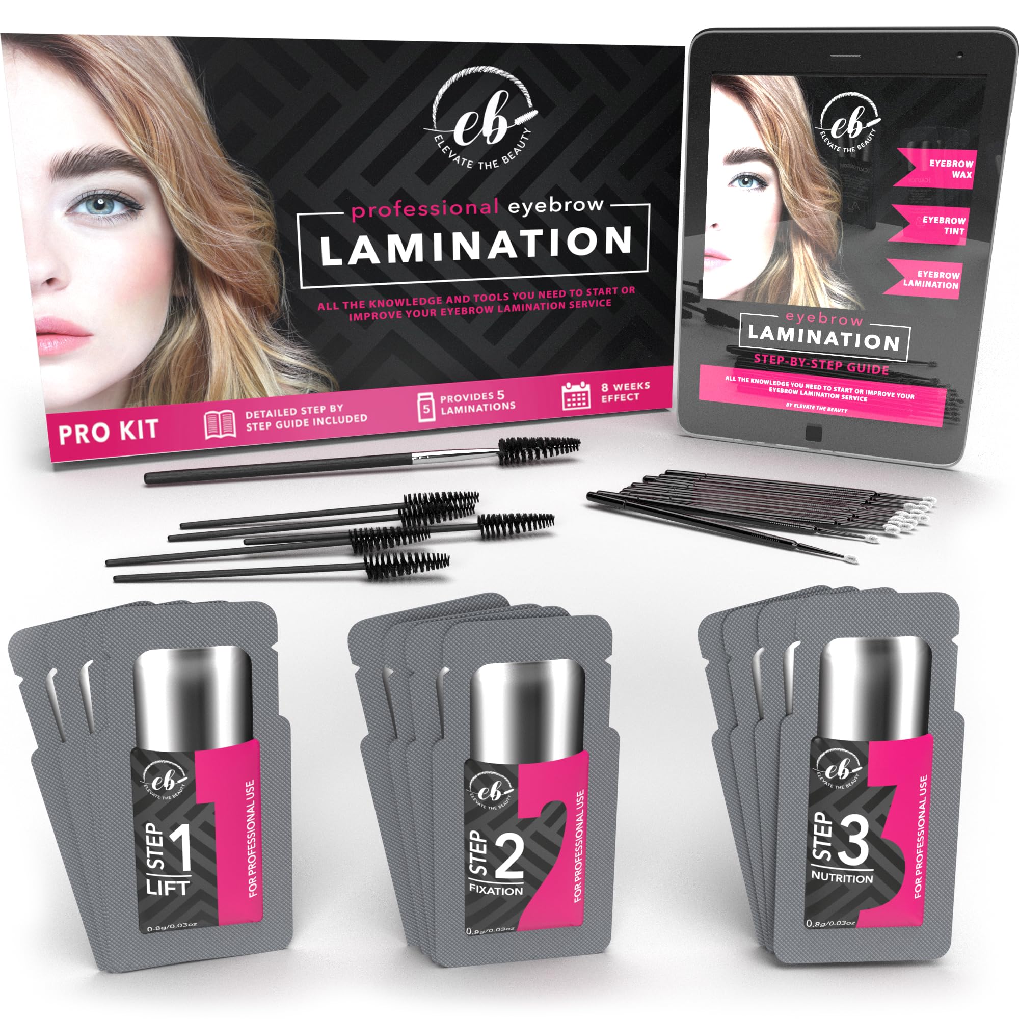 Elevate the Beauty brow lamination kit box with professional tools for salon-ready results