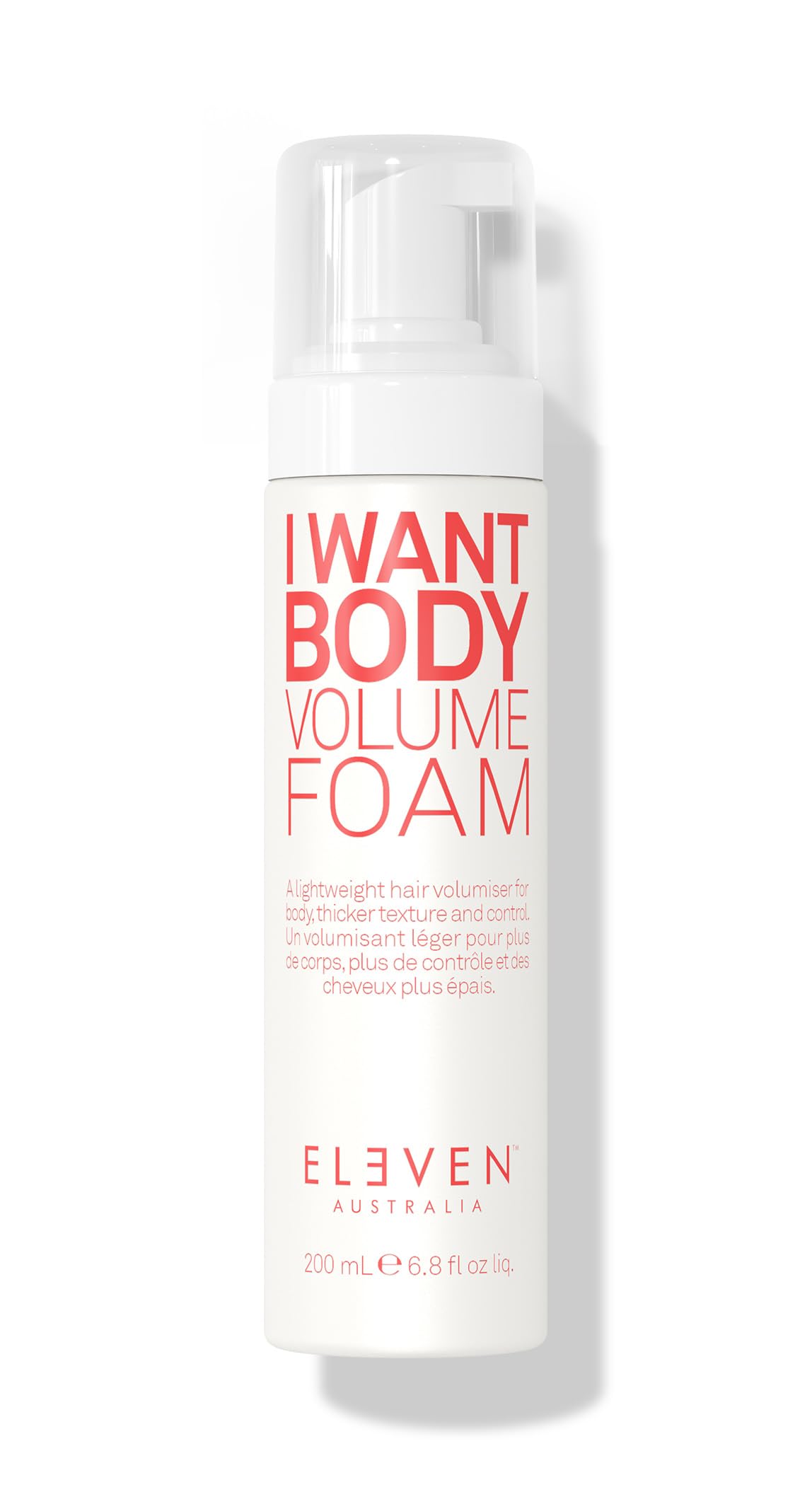 ELEVEN AUSTRALIA I Want Body Volume Foam bottle demonstrates lightweight volumizing action for fine hair lift