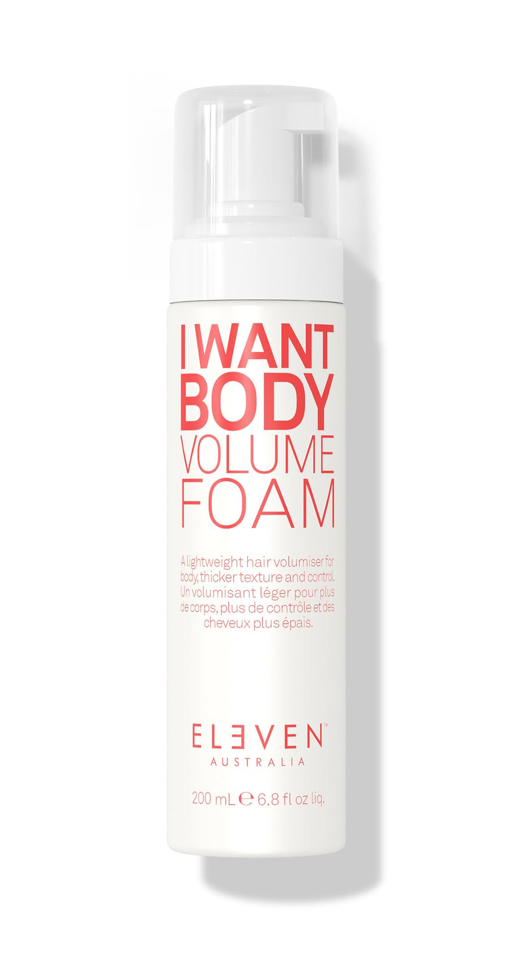 ELEVEN AUSTRALIA I Want Body Volume Foam bottle demonstrates lightweight volumizing action for fine hair lift