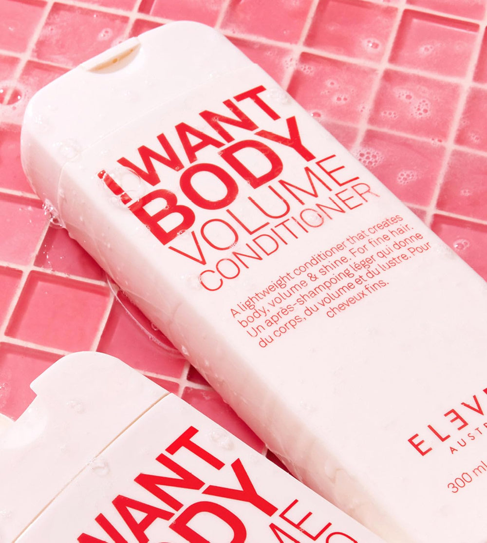 ELEVEN AUSTRALIA I Want Body Volume ingredients photo emphasizes a protein blend for thickness and hydration.