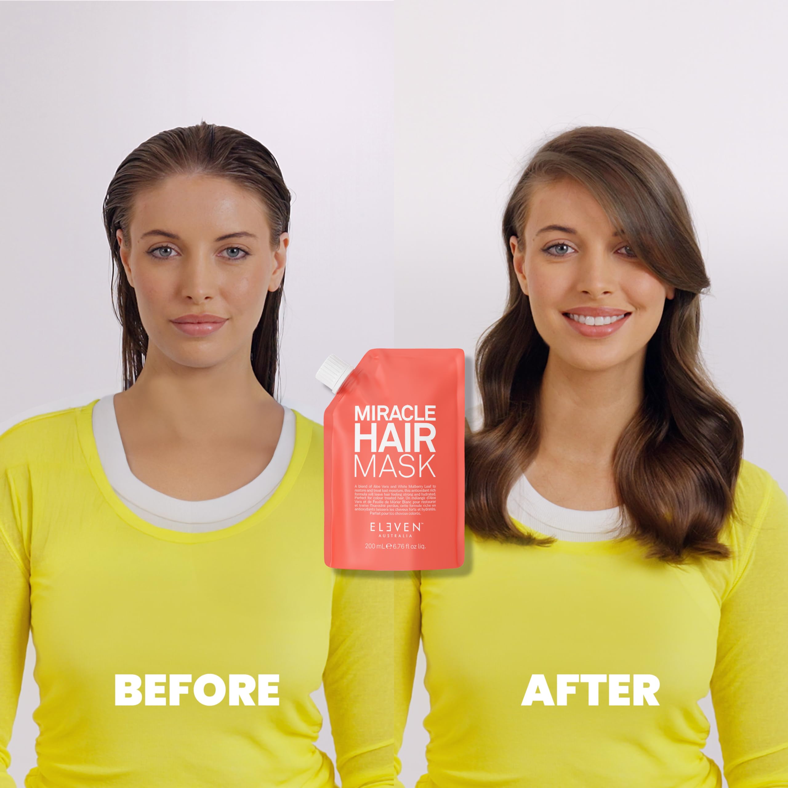 ELEVEN AUSTRALIA Miracle Hair Mask application scene highlighting moisture restoration and softness.