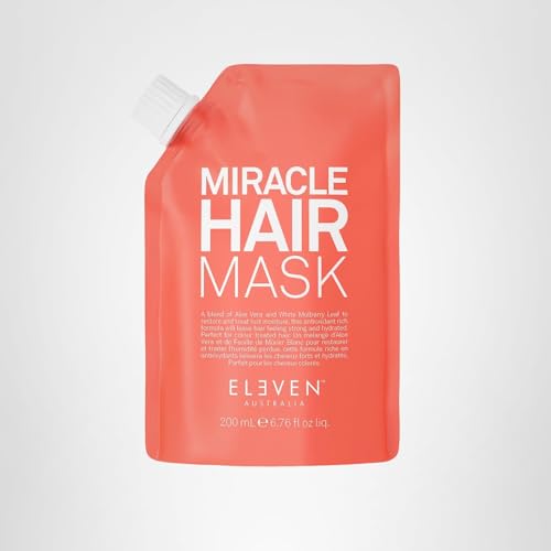 ELEVEN AUSTRALIA Miracle Hair Mask bottle with lifestyle shot for an at-home smoothing routine.