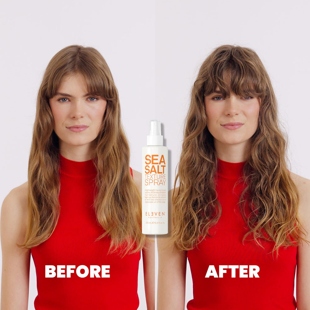 ELEVEN AUSTRALIA Sea Salt Texture Spray on beach waves shows natural matte finish.