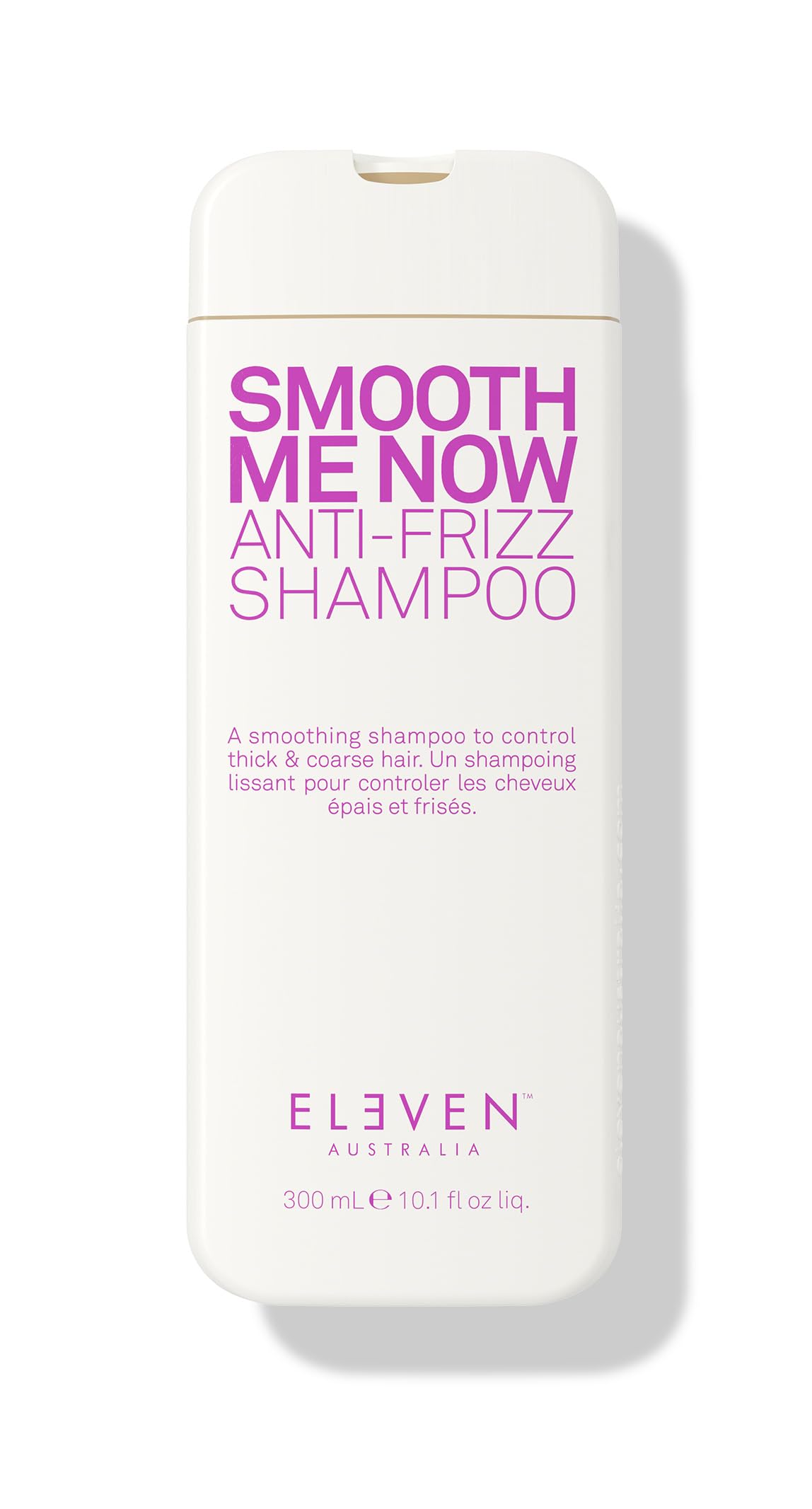 ELEVEN AUSTRALIA Smooth Me Now shampoo bottle demonstrating frizz-control in a sulfate-free formula